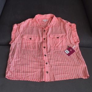 New Coral White Stripe Button Up Tank Top